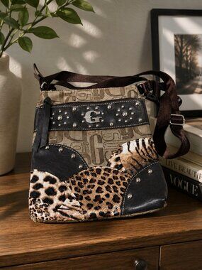 G Patterned Brown Crossbody Bag with Stud and Animal-Print Accents